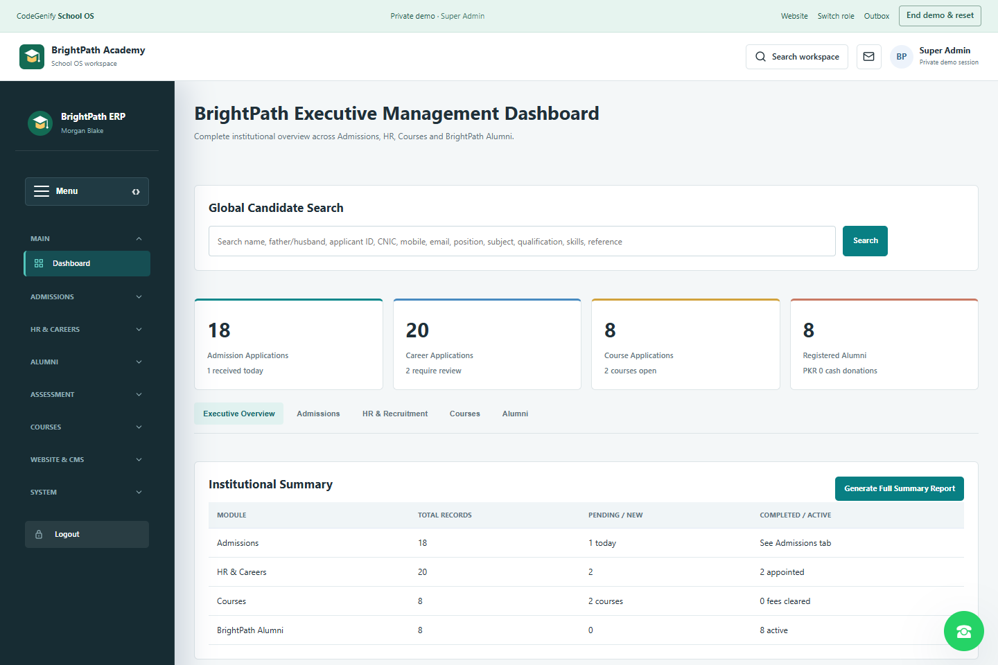 School OS dashboard with fictional BrightPath Academy records